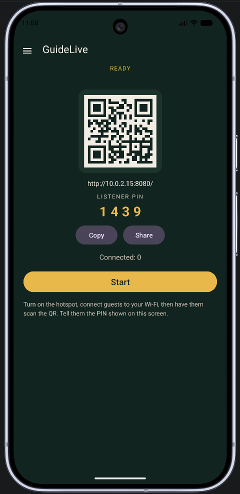 GuideLive guide app screen with QR code, session PIN and Start button for tour guide audio broadcast